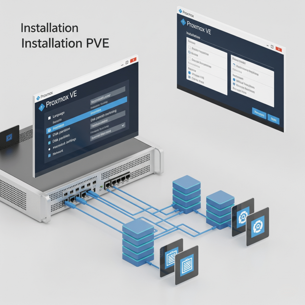 Proxmox Virtual Environment kurulum ekranı, Debian tabanlı sanallaştırma çözümünün başlangıç arayüzü.